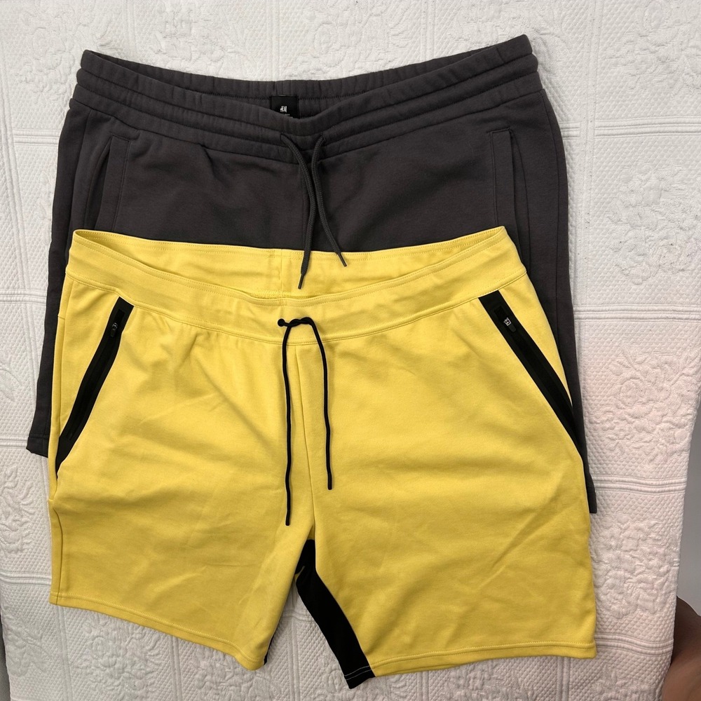 HM Mens Sweat Shorts Bundle Yellow Sport Zipper Pocket Charcoal Grey Knit 2XL